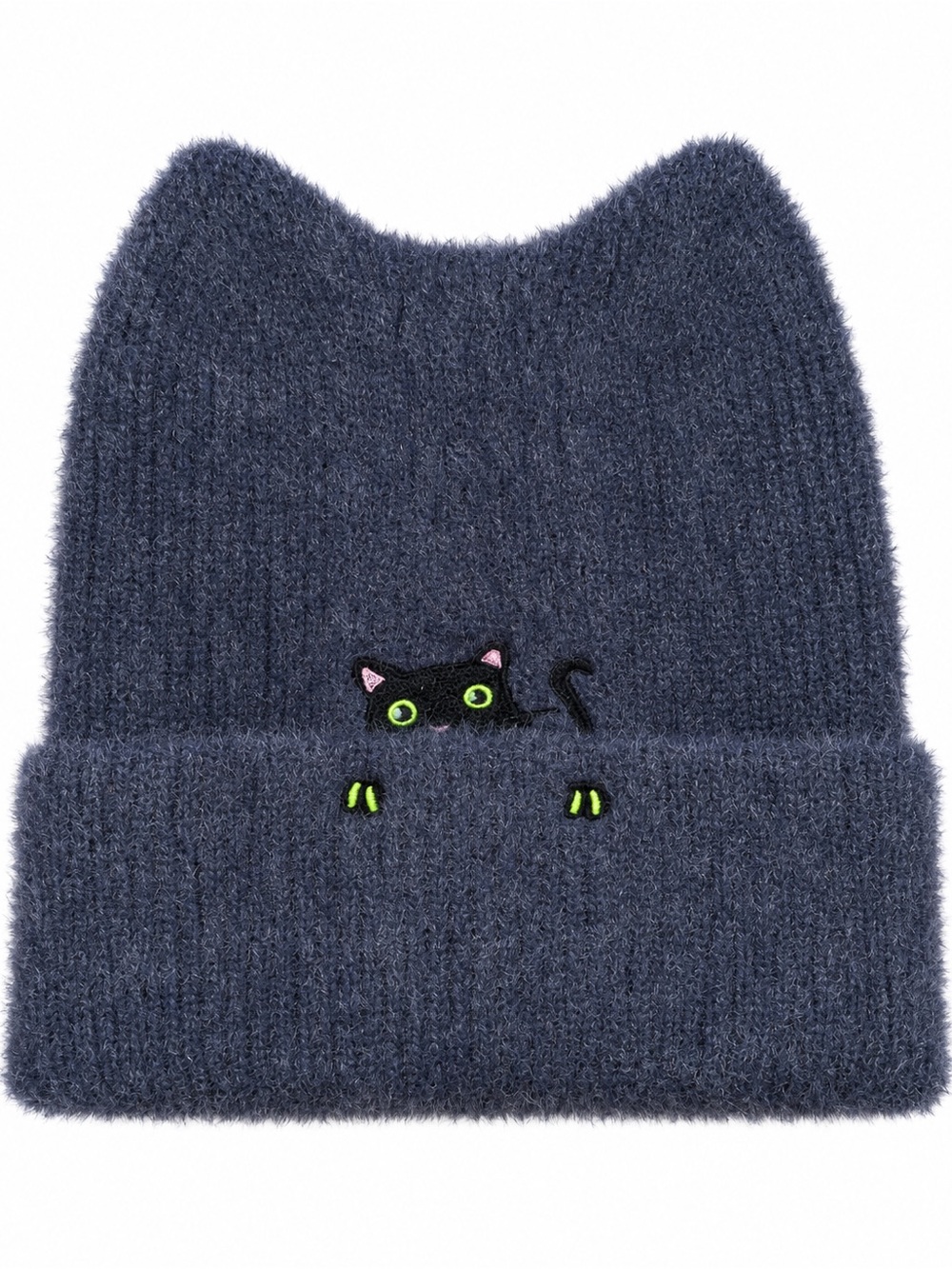 Cat Ear Knit Touque with Embroidered Black Cat - Navy
